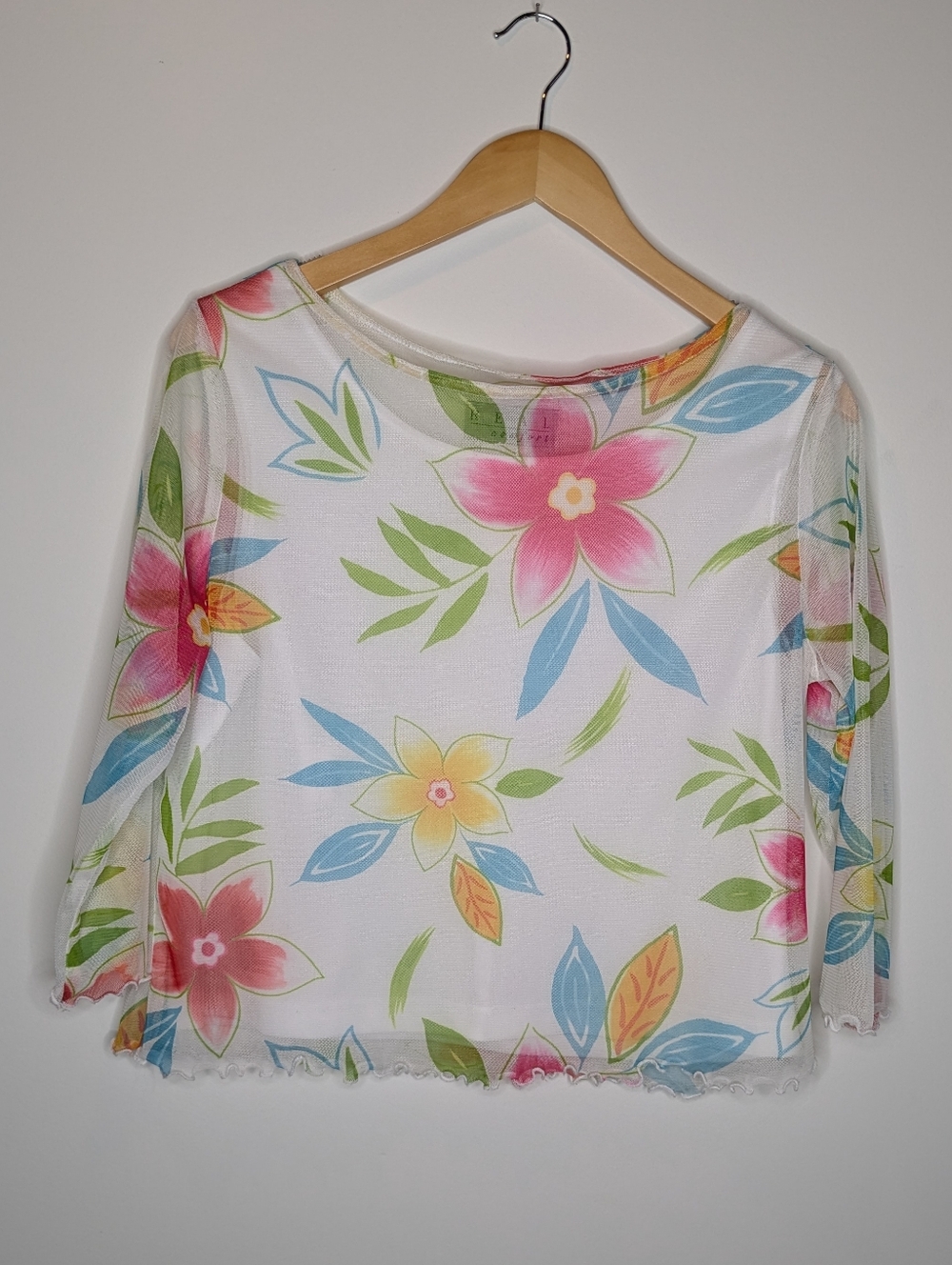 Y2K Floral shirt Lettuce Hem Sheer Large
